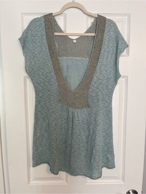 Margaret O'Leary Seafoam Knit V-Neck Tunic with Taupe Trim